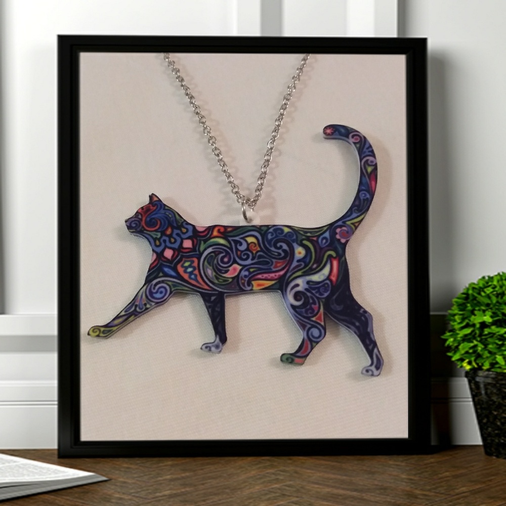 Bohemian acrylic walking cat necklace